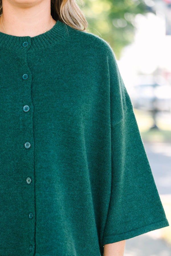 Plus Size hunter green button-down cardigan with a crew neck and wide, three-quarter length sleeves.