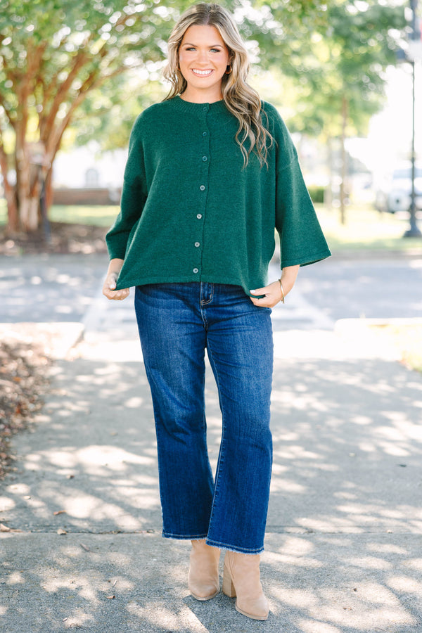 Plus Size hunter green button-down cardigan with a crew neck and wide, three-quarter length sleeves.
