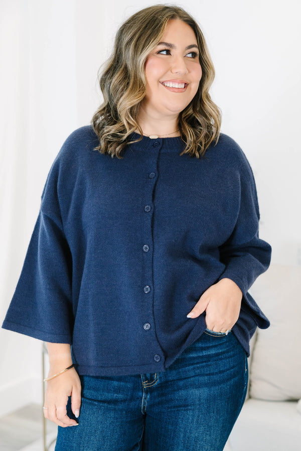 Plus Size navy blue button-down cardigan with a round neckline and wide, three-quarter sleeves.