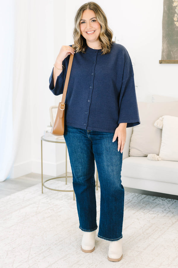 Plus Size navy blue button-down cardigan with a round neckline and wide, three-quarter sleeves.