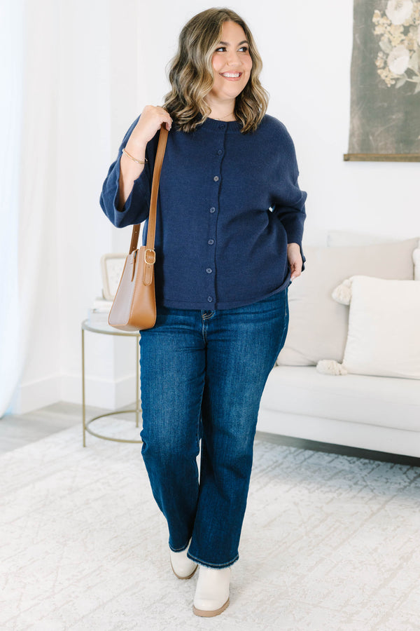 Plus Size navy blue button-down cardigan with a round neckline and wide, three-quarter sleeves.