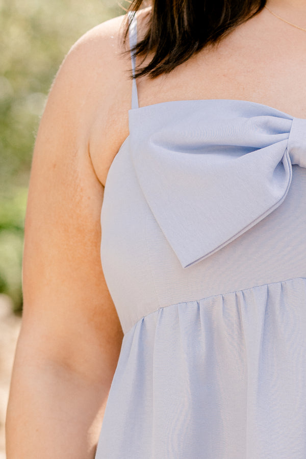 Chic Soul plus size clothing, sleeveless spaghetti strap baby blue flowy baby doll dress with a big blue bow on the front with a square-neckline