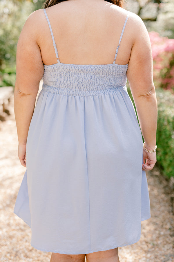 Chic Soul plus size clothing, sleeveless spaghetti strap baby blue flowy baby doll dress with a big blue bow on the front with a square-neckline