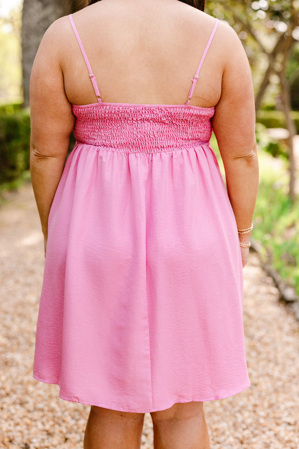 Chic Soul plus size clothing, sleeveless spaghetti strap baby pink flowy baby doll dress with a big pink bow on the front with a square-neckline