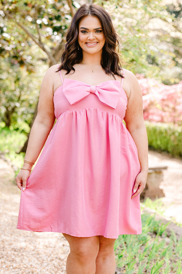 Chic Soul plus size clothing, sleeveless spaghetti strap baby pink flowy baby doll dress with a big pink bow on the front with a square-neckline