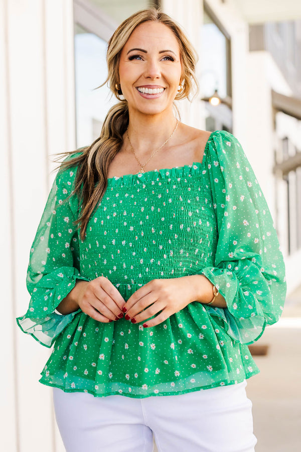 Chic Soul plus size clothing, green long sleeve peplum top with smocked chest detail and sheeve sleeves with floral print