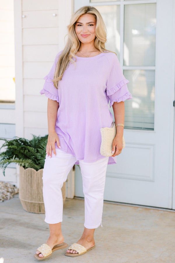 Chic Soul plus size clothing, lavender textured top with ruffle details on sleeves