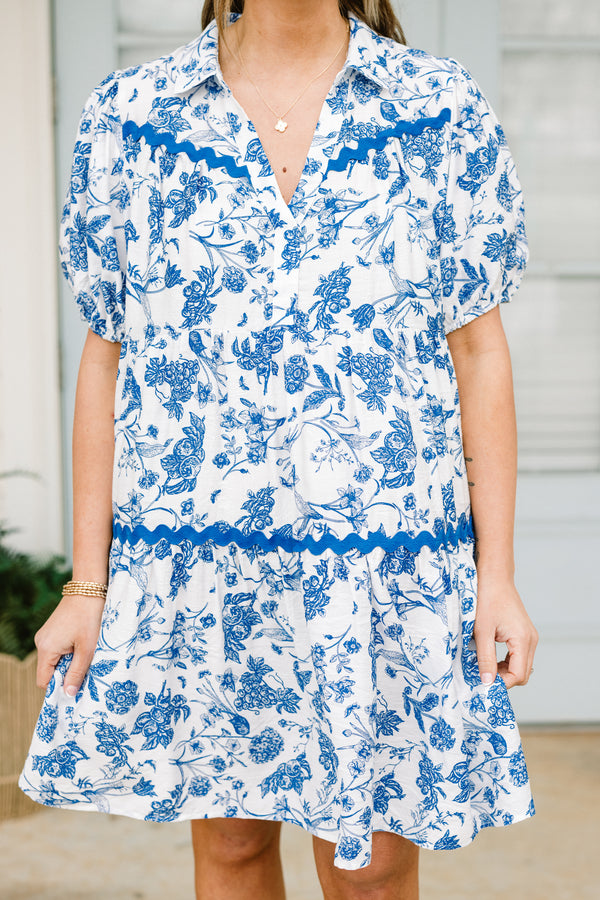 Plus Size blue toile babydoll dress with short puff sleeves and blue ric rac trim
