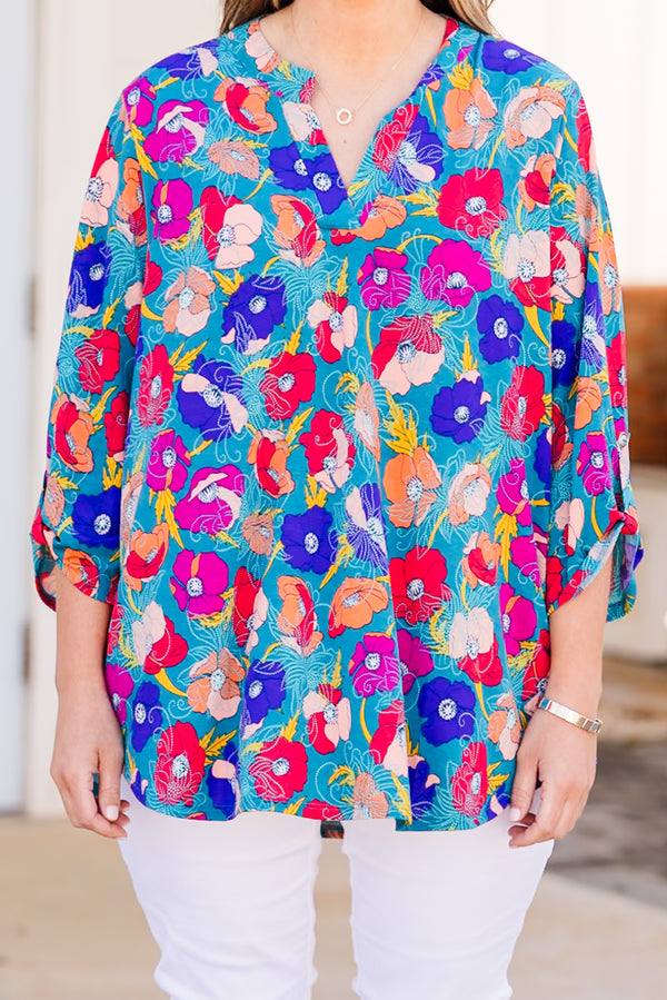 Chic Soul plus size clothing, teal multi floral print three quarter length sleeve top with v cutout neckline