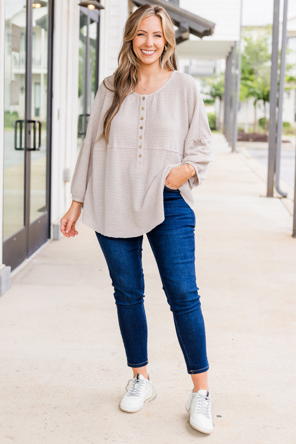 Chic Soul plus size clothing, beige long sleeve waffle knit top with button up detail with round neckline and cuff detail on sleeves