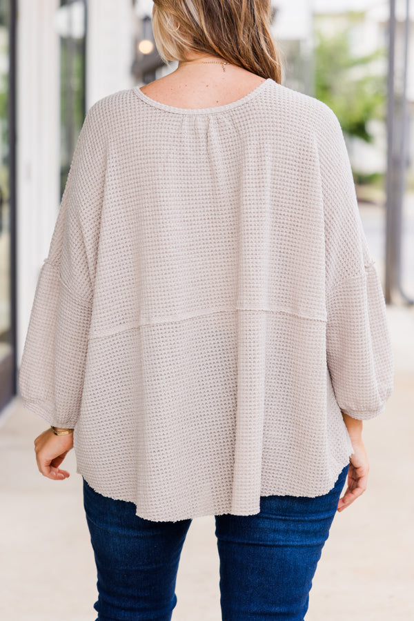 Chic Soul plus size clothing, beige long sleeve waffle knit top with button up detail with round neckline and cuff detail on sleeves