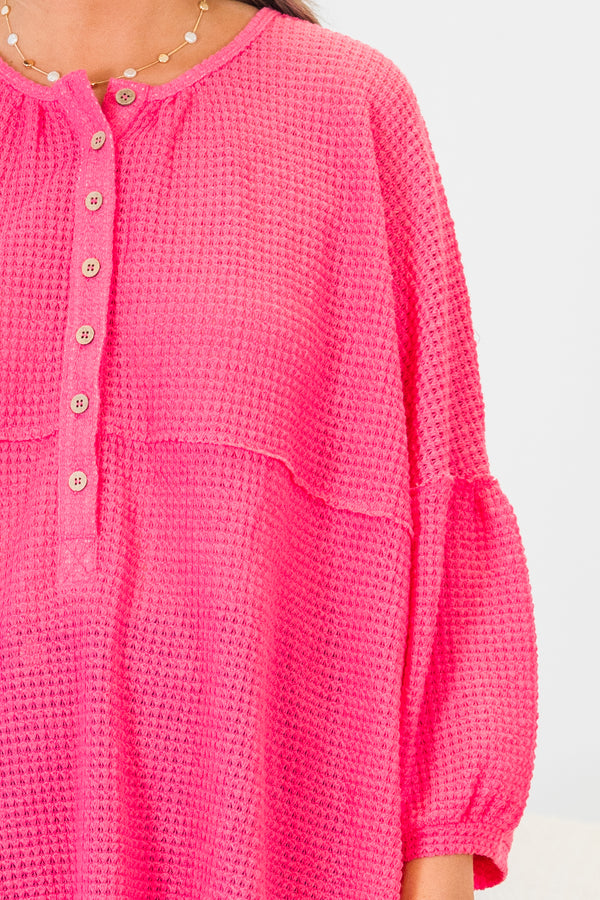 Chic Soul plus size clothing, hot pink three quarter length sleeves with round neckline with button up detail and puff detail along sleeves with waffle knit material