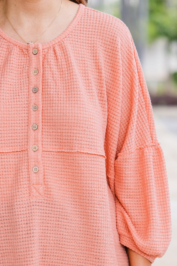 Chic Soul plus size clothing, puffed quarter-sleeve peach waffle-knit henley top with light brown buttons and scoop-neckline with distressed detailing 