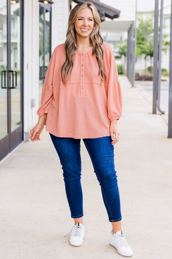 Chic Soul plus size clothing, puffed quarter-sleeve peach waffle-knit henley top with light brown buttons and scoop-neckline with distressed detailing 