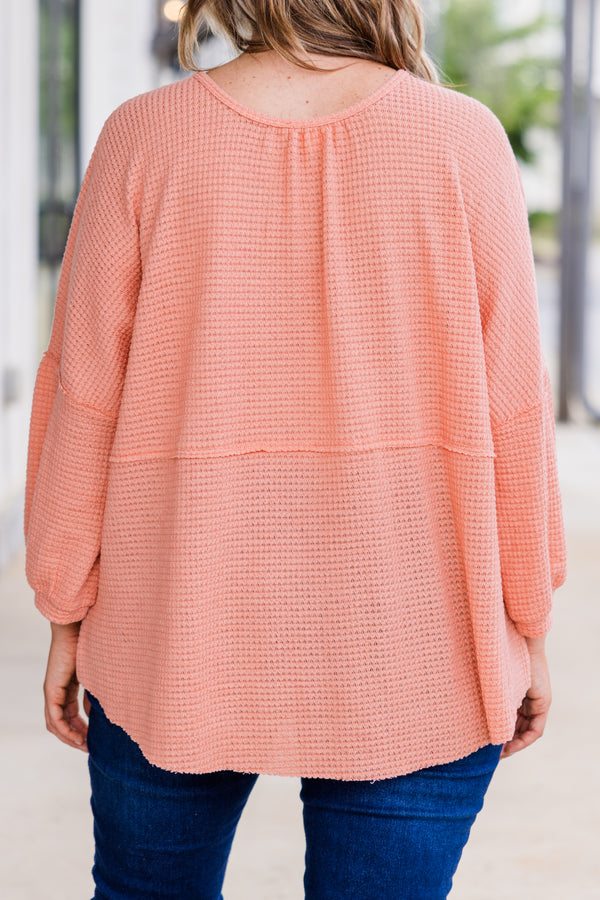 Chic Soul plus size clothing, puffed quarter-sleeve peach waffle-knit henley top with light brown buttons and scoop-neckline with distressed detailing 