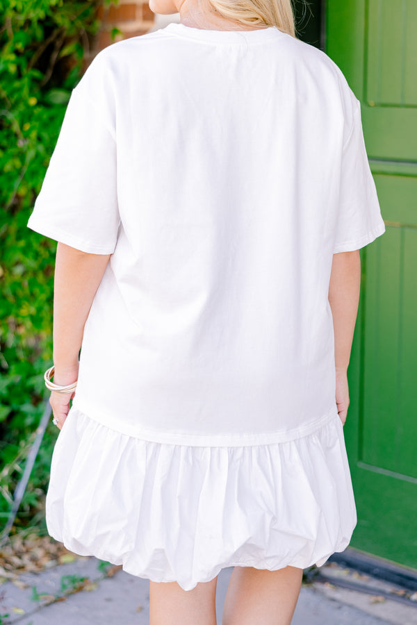 Plus Size ivory drop waist dress with short sleeves and a playful bubble hem.