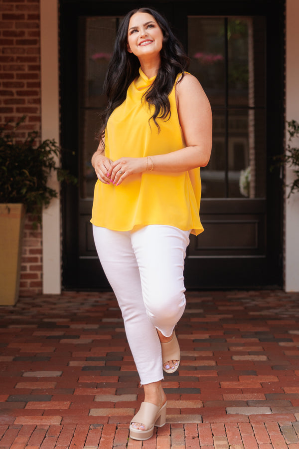 Chic Soul plus size clothing, honey yellow flowy blouse with a cowl neck
