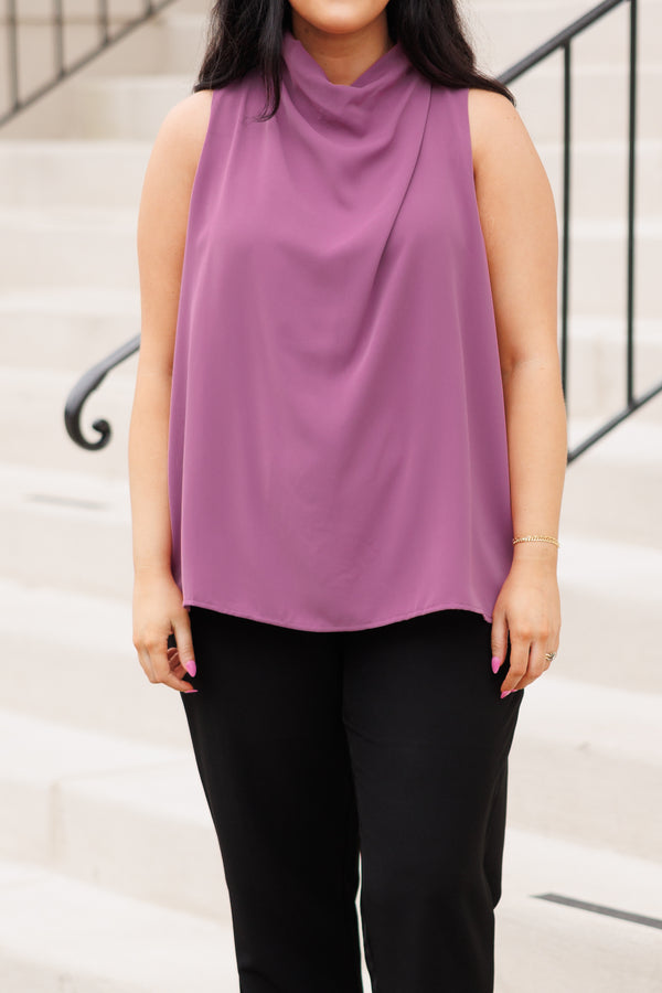 Chic Soul plus size clothing, lavender flowy top with a high cowl neckline