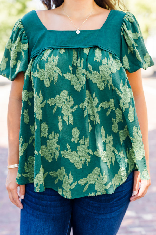 Chic Soul plus size clothing, deep green short sleeve top with puff sleeves and square neckline with light green floral pattern
