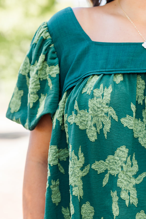 Chic Soul plus size clothing, deep green short sleeve top with puff sleeves and square neckline with light green floral pattern