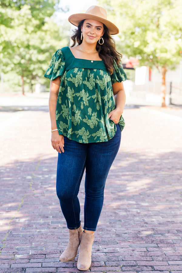 Chic Soul plus size clothing, deep green short sleeve top with puff sleeves and square neckline with light green floral pattern