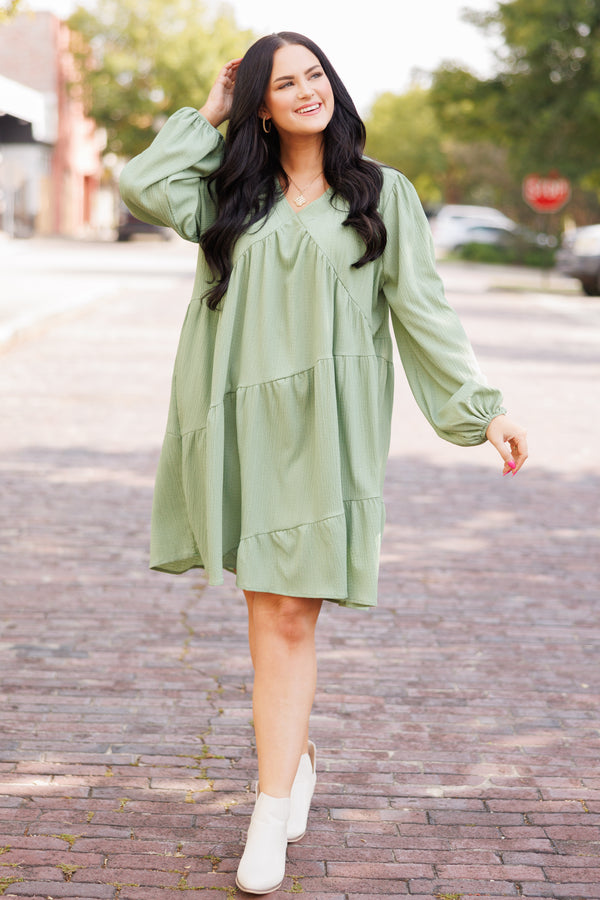Chic Soul plus size clothing, avocado colored short dress with v beck and ruffle detailing