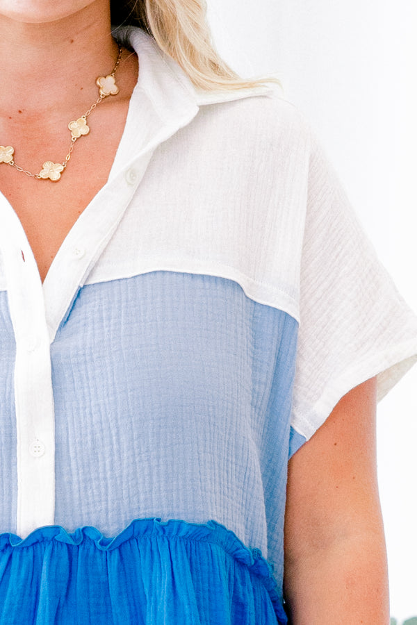 Chic Soul plus size clothing, blue color block tiered short sleeve three quarter button up top with white on top, light blue in the middle, and cobalt blue on the bottom