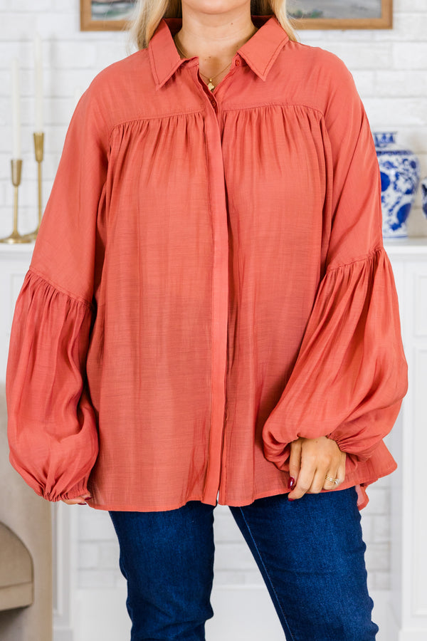 Chic Soul plus size clothing, long sleeve rust orange top with button up detail with collar and bubble cuff sleeves