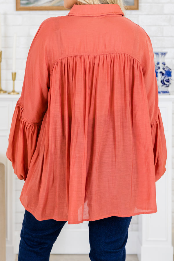 Chic Soul plus size clothing, long sleeve rust orange top with button up detail with collar and bubble cuff sleeves