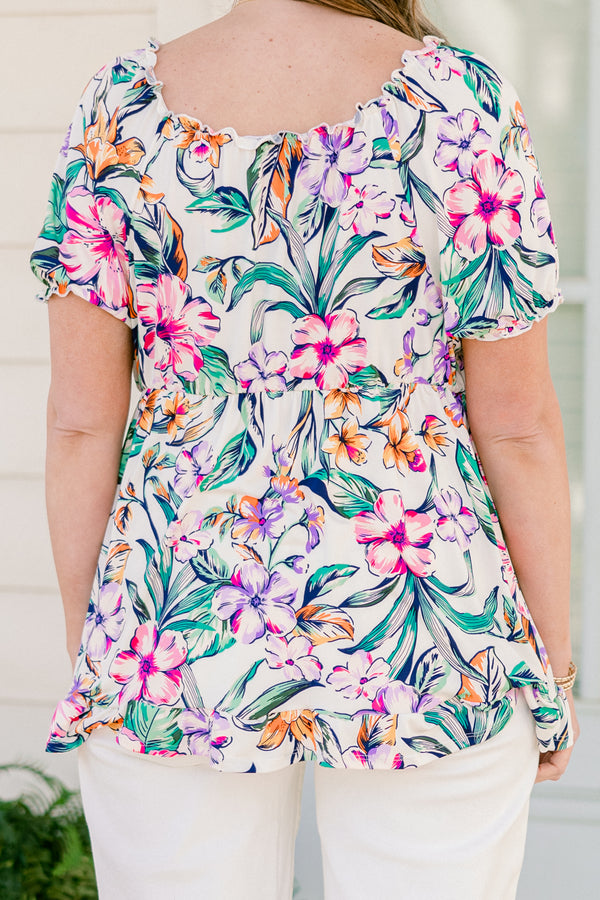Chic Soul plus size clothing, short-puffed-sleeve ivory top with a multi-colored floral pattern and subtle ruffled detailing on sleeves
