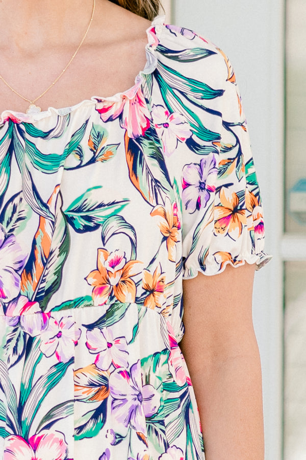 Chic Soul plus size clothing, short-puffed-sleeve ivory top with a multi-colored floral pattern and subtle ruffled detailing on sleeves