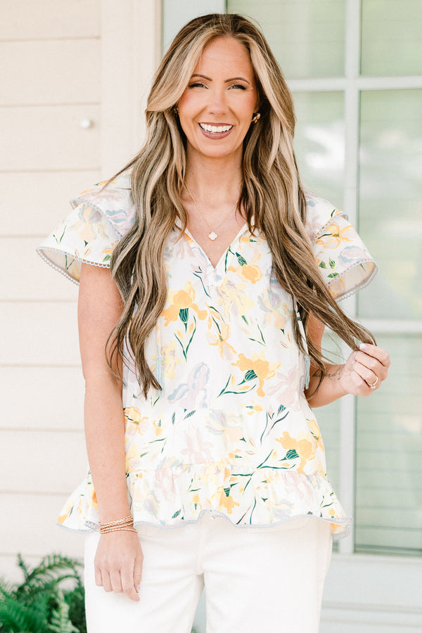 Chic Soul plus size clothing, short-flutter-sleeve yellow top with a split-v-neckline and a yellow floral pattern