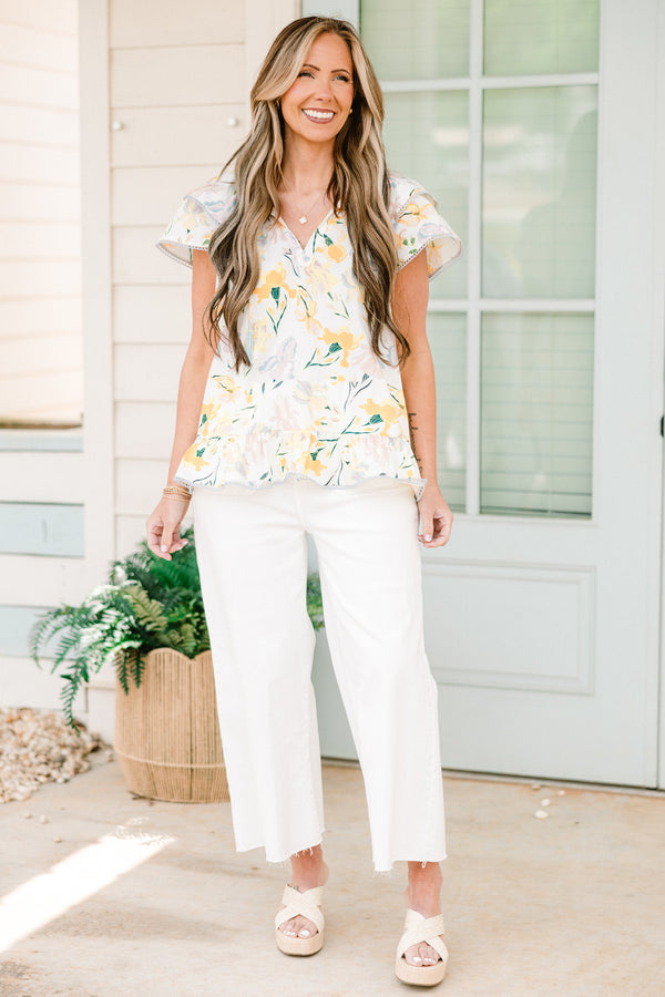 Chic Soul plus size clothing, short-flutter-sleeve yellow top with a split-v-neckline and a yellow floral pattern
