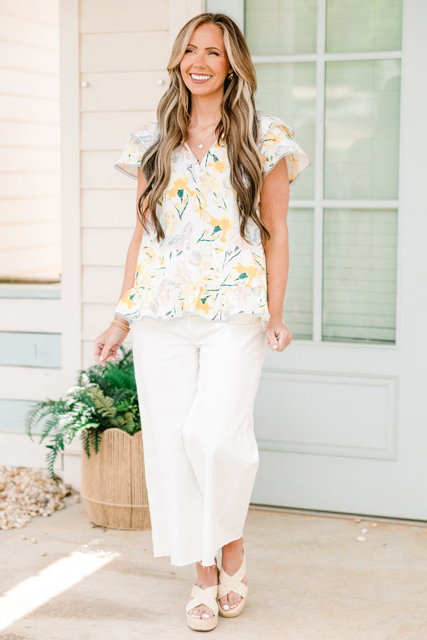 Chic Soul plus size clothing, short-flutter-sleeve yellow top with a split-v-neckline and a yellow floral pattern