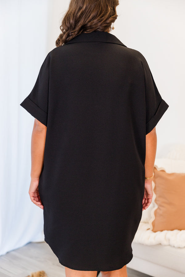 Chic Soul plus size clothing, short sleeve black button up mini dress with collar and cuff sleeves