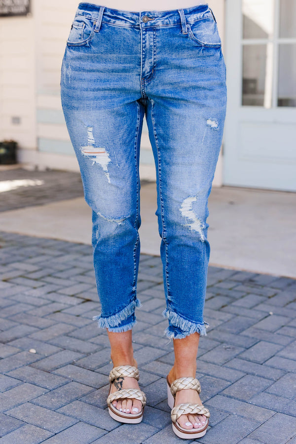 Chic Soul plus size clothing, medium wash ankle length skinny jeans with raw distressed hem and light distressing on denim
