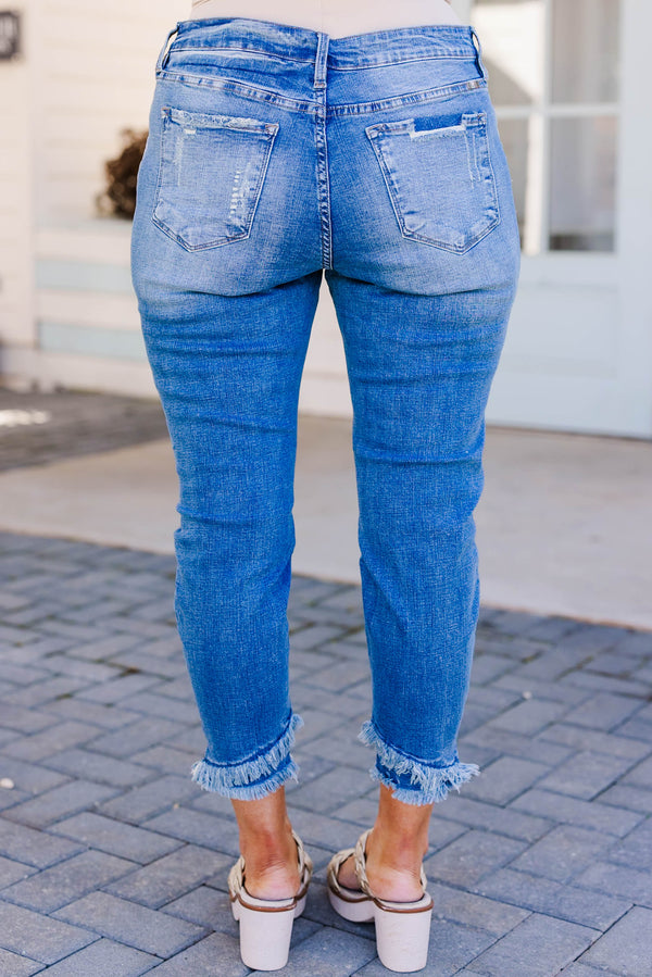 Chic Soul plus size clothing, medium wash ankle length skinny jeans with raw distressed hem and light distressing on denim