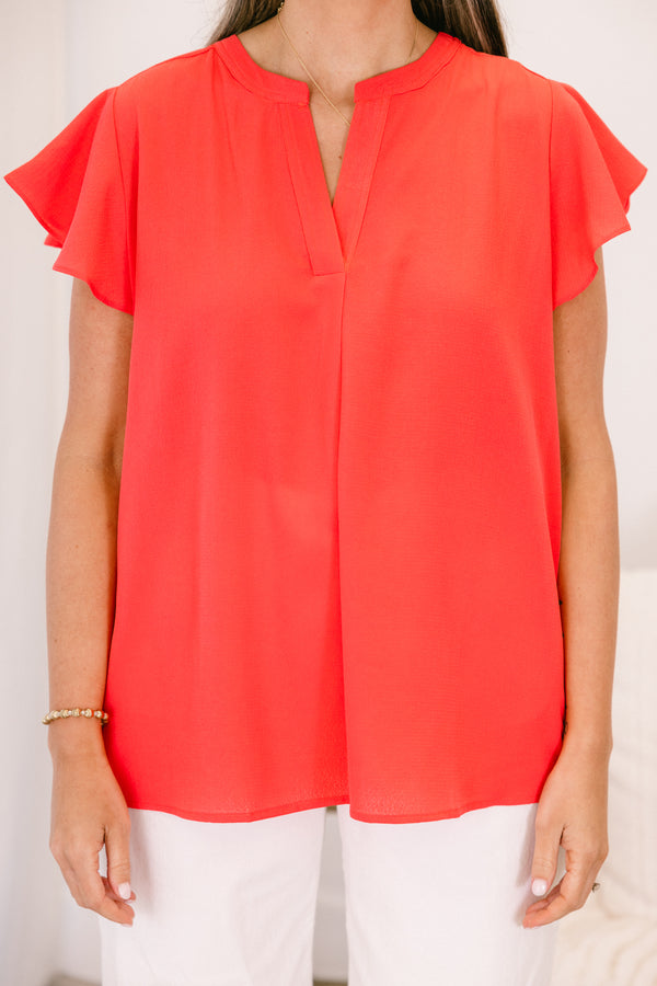 Chic Soul plus size clothing, coral short sleeve flowy top with v cutout along neckline with flutter sleeves
