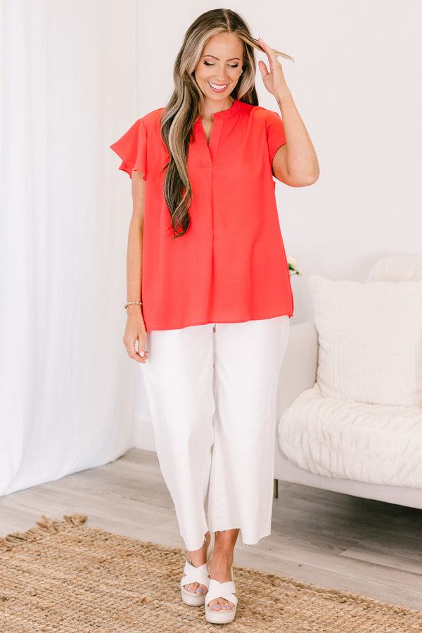 Chic Soul plus size clothing, coral short sleeve flowy top with v cutout along neckline with flutter sleeves
