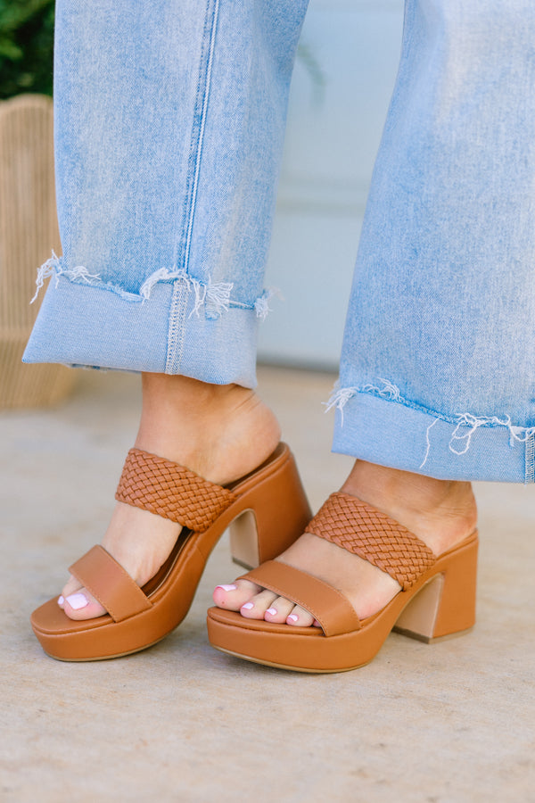 chic soul plus size clothing, brown two-strapped block heel with a textured braided pattern on back strap