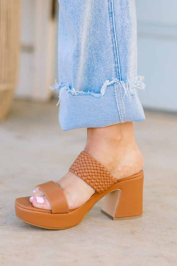 chic soul plus size clothing, brown two-strapped block heel with a textured braided pattern on back strap