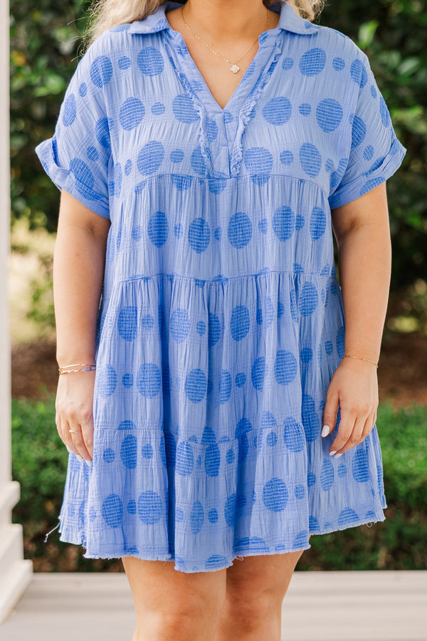 Chic Soul plus size clothing, short sleeve ocean blue dress with darker blue spotted pattern with v-neckline and distressed details