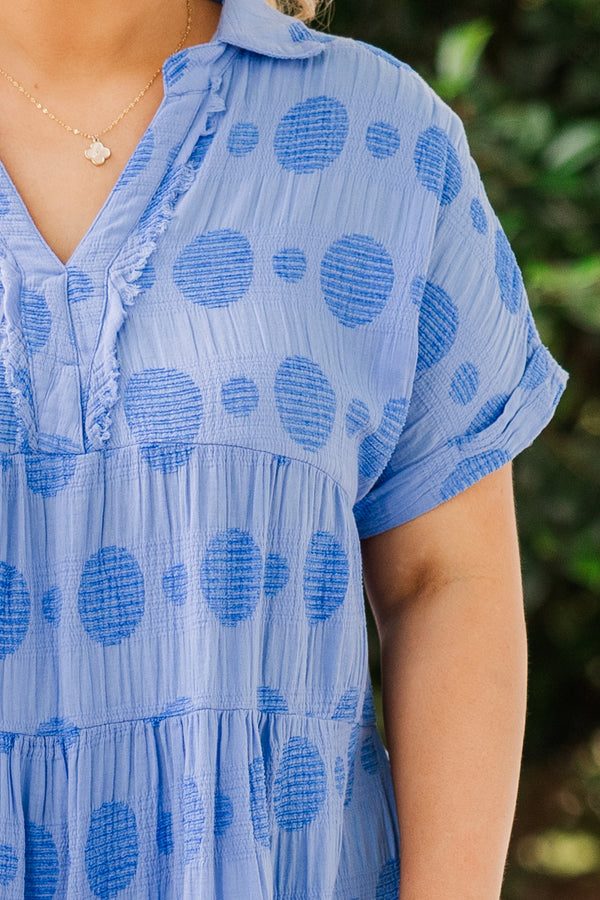 Chic Soul plus size clothing, short sleeve ocean blue dress with darker blue spotted pattern with v-neckline and distressed details
