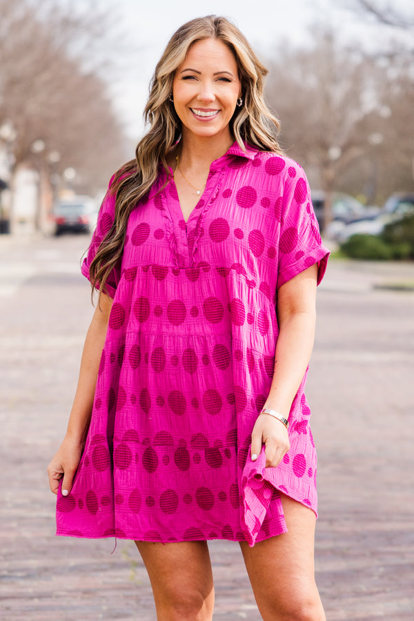 Chic Soul plus size clothing, raspberry mini dress with short sleeved and v cutout along neckline with dotted print