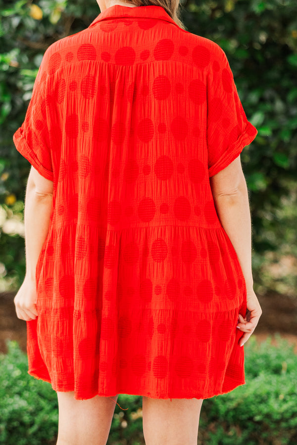 Chic Soul plus size clothing, short sleeve collared red dress with ruffles and v-neckline with distressed details