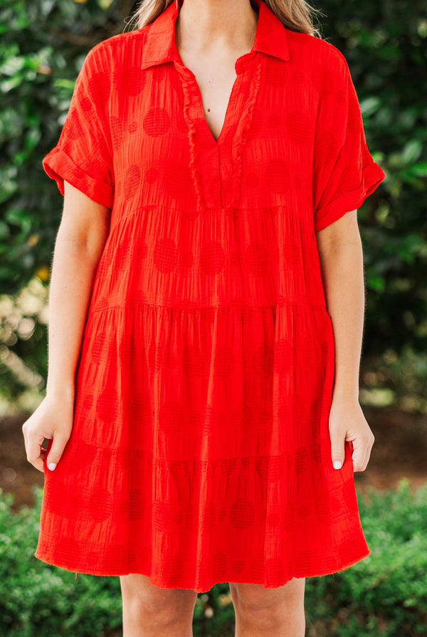 Chic Soul plus size clothing, short sleeve collared red dress with ruffles and v-neckline with distressed details