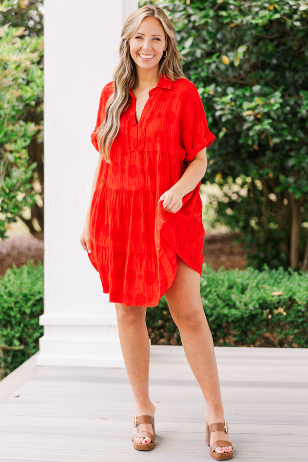 Chic Soul plus size clothing, short sleeve collared red dress with ruffles and v-neckline with distressed details