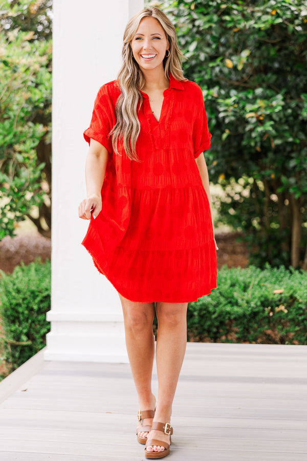 Chic Soul plus size clothing, short sleeve collared red dress with ruffles and v-neckline with distressed details