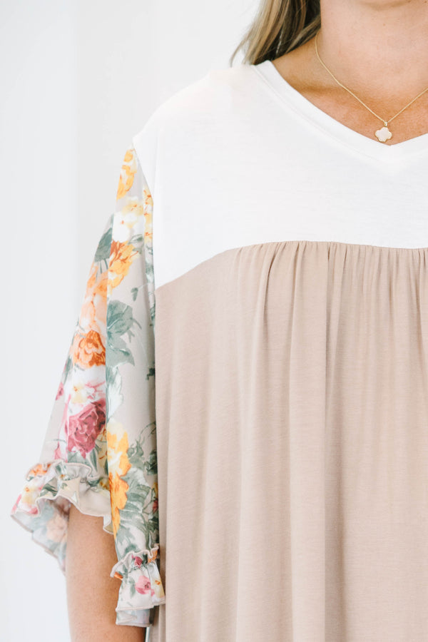 Chic Soul plus size clothing, taupe babydoll top with floral three-quarter sleeves and white top section with slight v neck