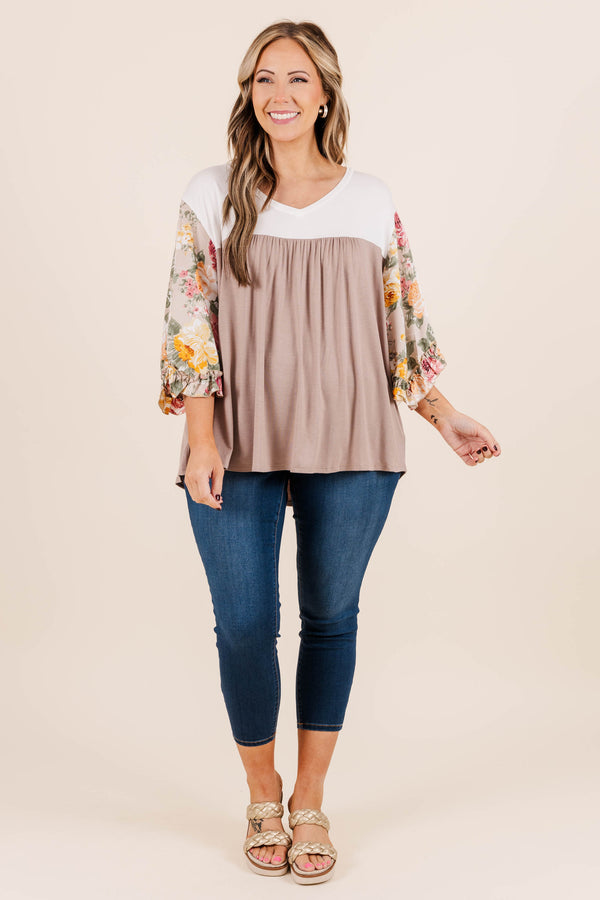 Chic Soul plus size clothing, taupe babydoll top with floral three-quarter sleeves and white top section with slight v neck